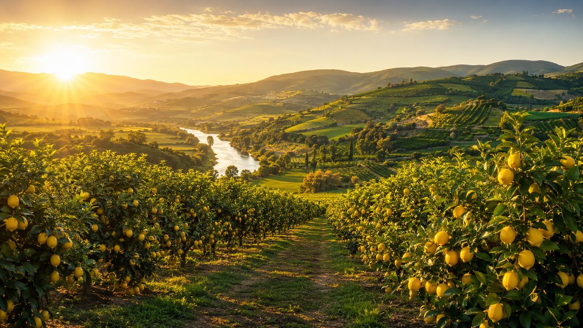 Sun-lit lemon estate by the river